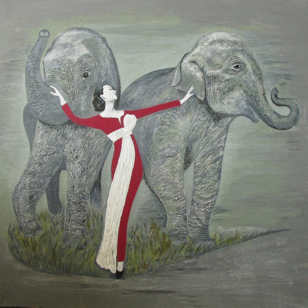 Dame mit Elefanten, 80x80 cm, Acryl auf Keilrahmen