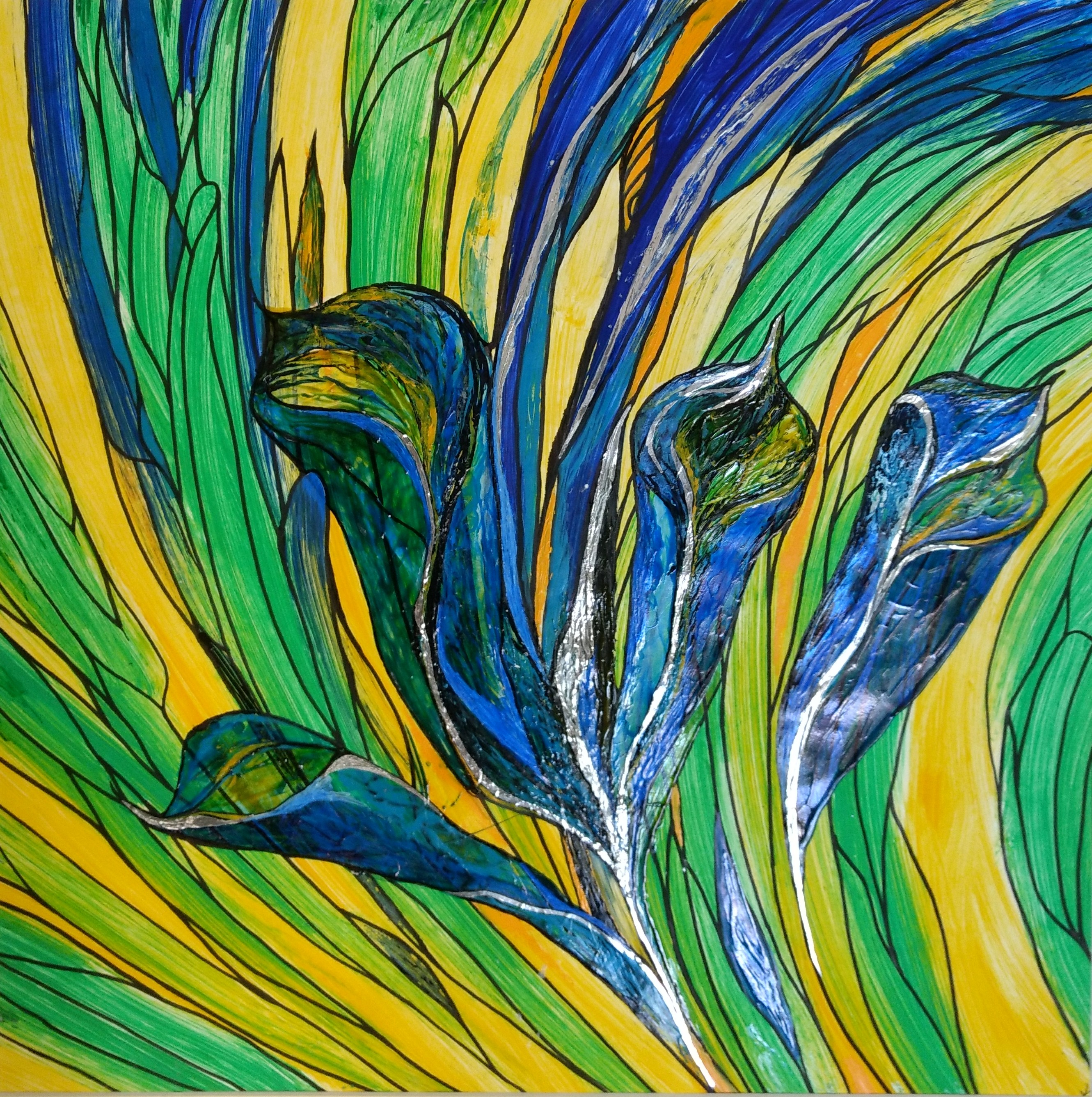blaue Calla, Acryl auf Karton, 60x60 cm