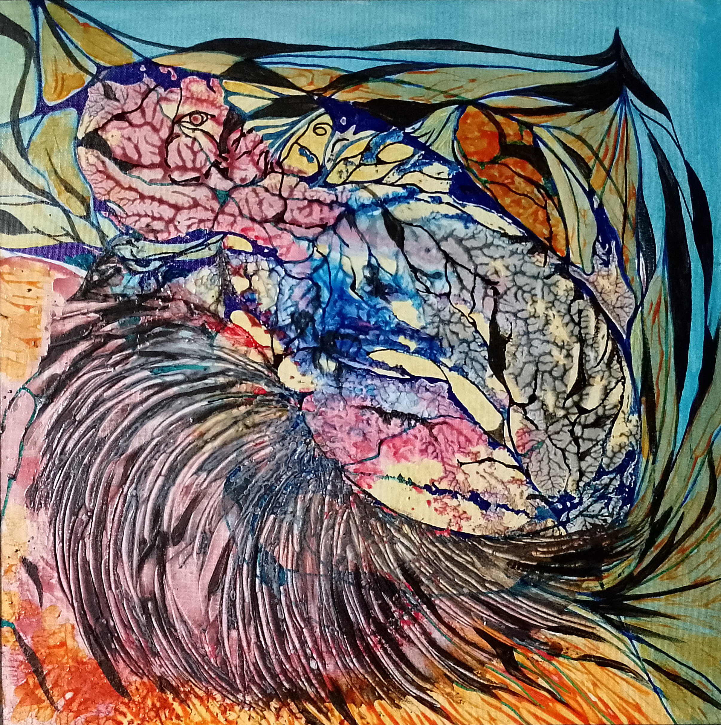 02.2019, am seidenen Faden, 60x60cm, mixmedia